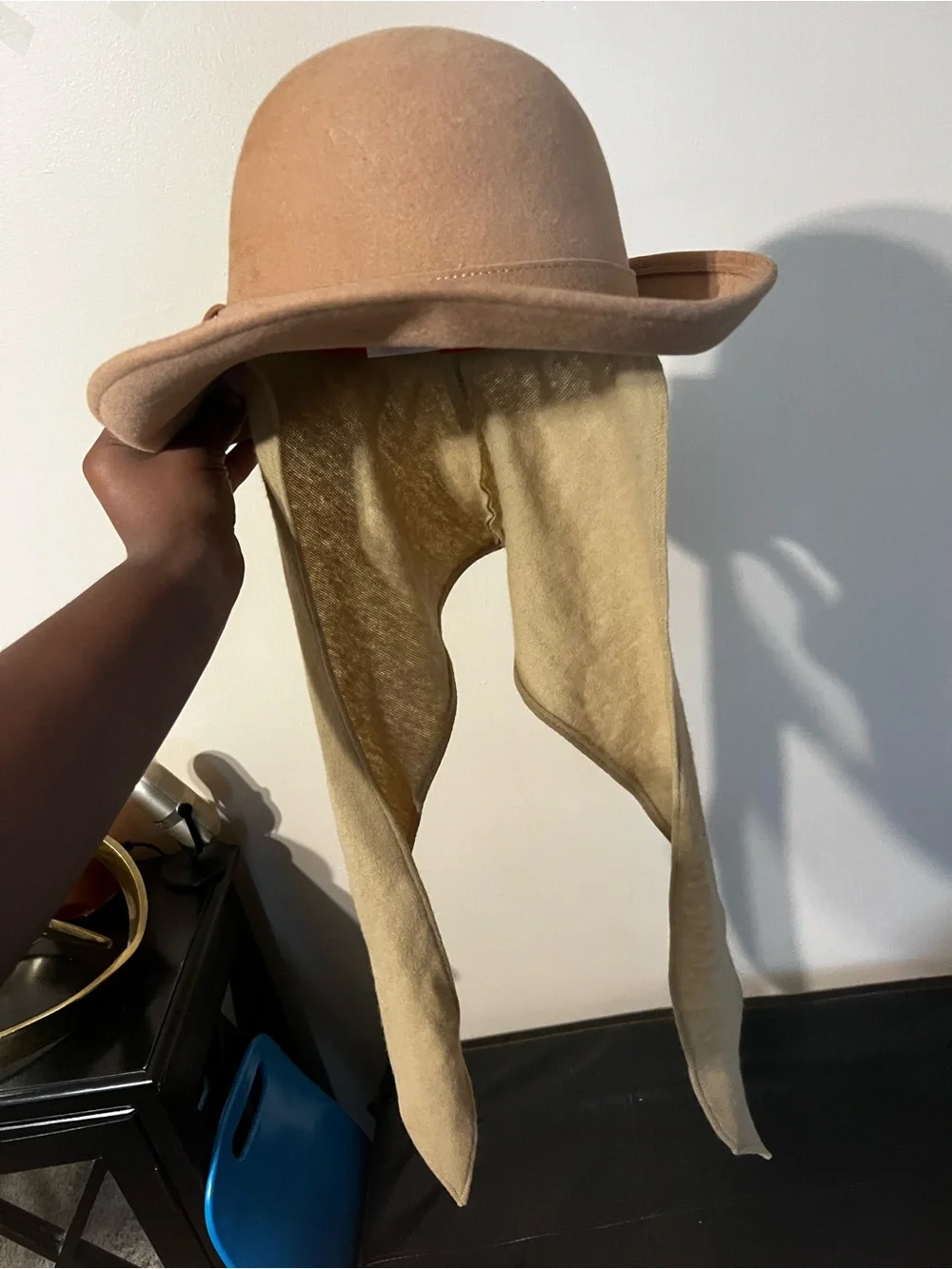 Adolfo Beige Felt Bowler Hat with Attached Scarf